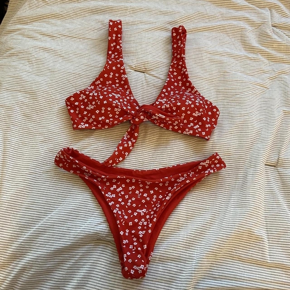 Red Floral Tie-Front Bikini Set